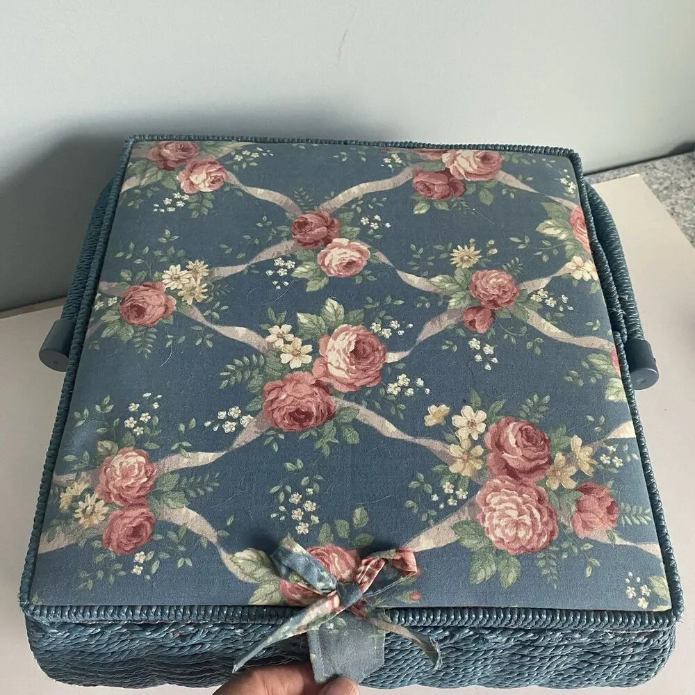 Floral Wicker Sewing Basket w Handle, Compartment Blue 10” X 10” X 7”